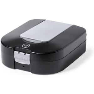 A compact black storage box with a silver lid and a power button, featuring a secure latch closure.