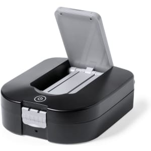 A sleek black portable printer with a hinged lid, featuring a power button on the front.