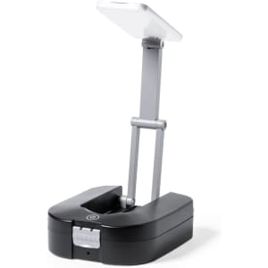 A compact black tool set with a foldable light feature, featuring a silver adjustable arm and a logo.