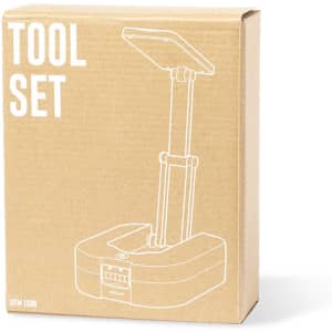A tool set packaged in a brown box, featuring a white outline illustration of the tools inside.