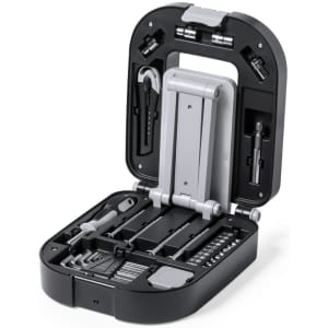 A compact black tool set with multiple tools and accessories, neatly organised in a portable case.