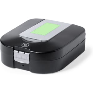 A black tool set with a grey lid and a green panel on top, featuring a power button. It has a compact design.