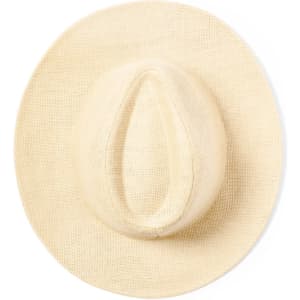 A straw hat in a light beige colour, featuring a wide brim and a subtle crown design. It has a branding logo.