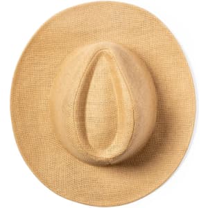 A straw hat in a light beige colour with a wide brim and a textured finish. Features a branding logo.