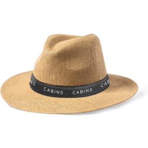 A straw hat in a light brown shade with a black band featuring a logo.