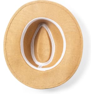 A straw hat in a light tan colour with a white inner band and a wide brim. It features a logo on the inside.