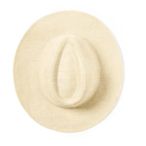 A straw hat in a light beige colour, featuring a central indent at the crown and a wide brim.