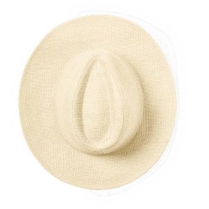 A woven straw hat in a light beige colour with a rounded crown and wide brim. It features a logo.