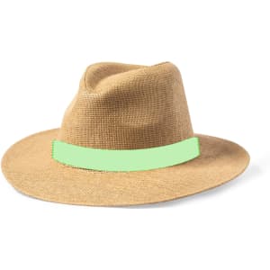 A straw hat in a natural beige colour featuring a light green band. The hat has a wide brim and a classic design.