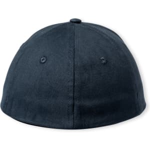 A navy cap with a rounded top and ventilation holes, featuring a branding logo on the back.