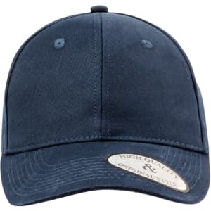 A navy blue cap featuring a rounded crown and a curved brim. The cap has a logo on the side.