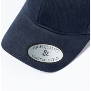 A navy cap featuring a curved peak and a logo on the front. It has a smooth fabric texture.