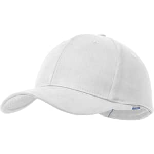 A white cap with a curved brim, featuring a logo on the front.