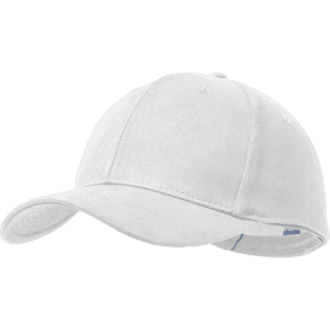 A white cap with a curved brim and a simple design, featuring an interior branding label.