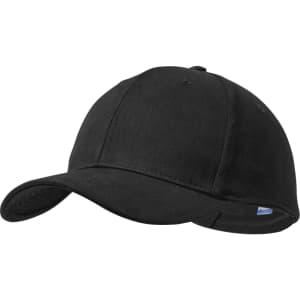 A black cap with a curved brim and a logo on the side. Suitable for headwear and casual use.