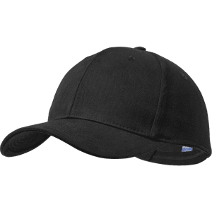 A black cap with a curved brim and a logo on the side. The fabric appears smooth and durable.
