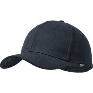 A navy cap featuring a curved peak and a logo on the front.