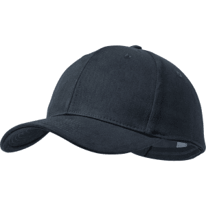 A navy cap with a curved brim and a logo on the side. Suitable as stylish headwear.