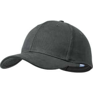 A black cap with a curved brim and a fitted design, featuring a logo on the side.