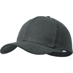 A dark grey cap with a curved brim and a fitted design, featuring a logo on the side.