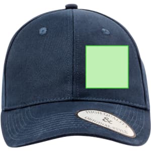 A navy blue cap with a solid green patch on the front and a logo tag on the side.
