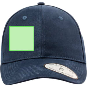 A navy cap featuring a blank square area and a logo or branding on a badge at the side.