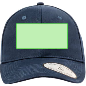 A dark blue cap with a blank green rectangular area on the front and a silver badge on the side.