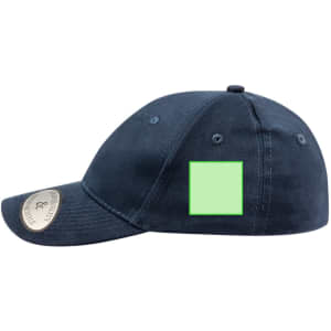 A navy cap featuring a logo on the front and a green square patch on the side.