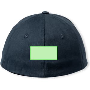A navy cap featuring a blank space suitable for branding, with a rounded crown and ventilation holes.