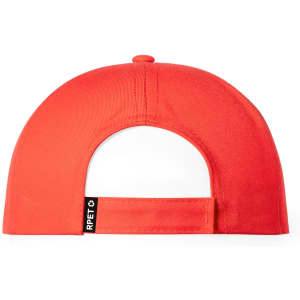 A red kids cap with a curved brim and an adjustable strap at the back. It features a logo tag.