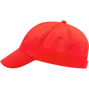 A red cap featuring a curved brim and a back fastening, with a branding logo on the side.