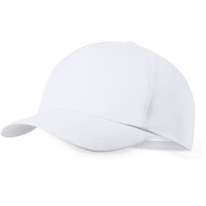 A white cap with a curved brim and a logo, designed for kids' headwear.