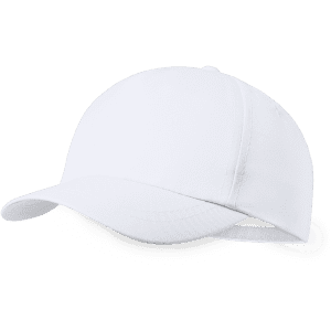 A white cap with a curved visor and an adjustable strap at the back, featuring a logo.
