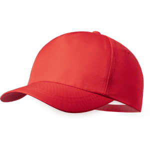 A red cap with a curved brim and adjustable back strap, featuring a logo on the front.