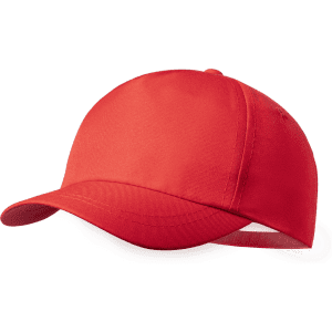 A red cap featuring a structured design and a curved brim, complete with a logo.