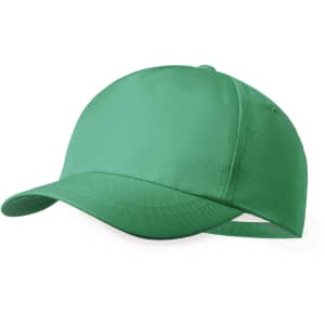 A green kids' cap with a curved brim and an adjustable strap at the back. It features a logo.
