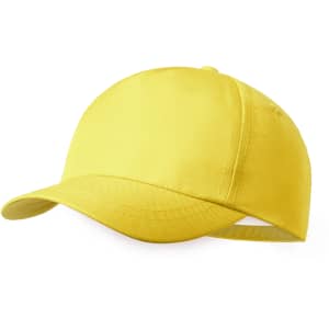 A yellow cap with a curved brim and an adjustable strap at the back, featuring a logo.