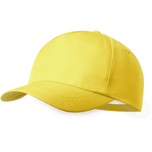 A yellow cap with a curved brim and an adjustable strap at the back, featuring a logo.
