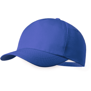 A blue kids cap featuring a curved brim and an adjustable strap at the back. It includes a branding logo.