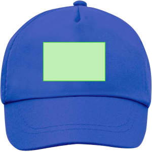 A blue cap with a plain green rectangular area on the front. It has a logo on the side.