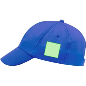 A blue cap with a curved brim, featuring a patch area on the side for branding or decoration.