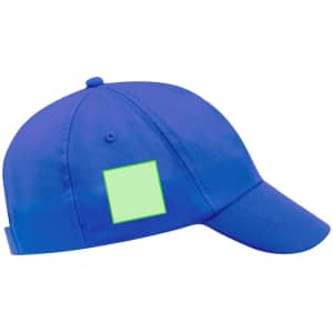 A blue kids cap with a curved brim and an empty square area for custom branding.