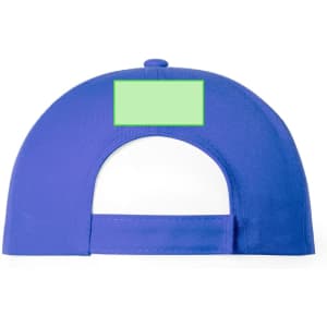 A blue cap with a curved brim and an adjustable strap at the back, featuring a blank area for branding.