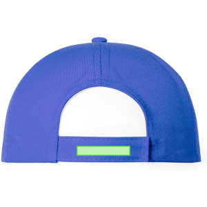 A blue cap featuring a curved brim and an adjustable strap at the back, with a logo on the side.