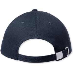 A navy blue cap featuring a secured adjustable back strap and a logo on the side.
