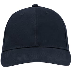 A navy cap with a curved brim and a logo on the front.
