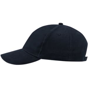 A navy cap with a curved brim and a rear adjustable strap, featuring a logo on the side.