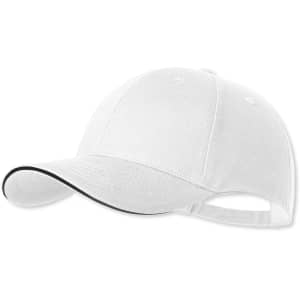 A white cap with a contrasting black visor and an adjustable back, featuring a logo.