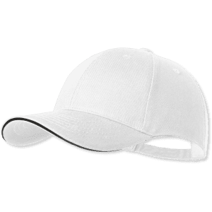 A white cap with a contrasting black trim, featuring a logo on the front and a back strap for adjustment.