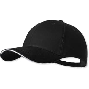 A black cap with a contrasting white trim and an adjustable strap at the back. It features a logo on the front.